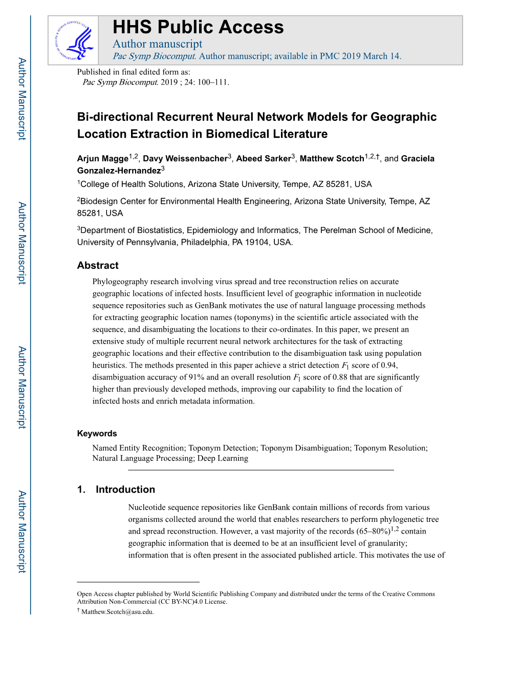 Bi-Directional Recurrent Neural Network Models for Geographic Location Extraction in Biomedical Literature
