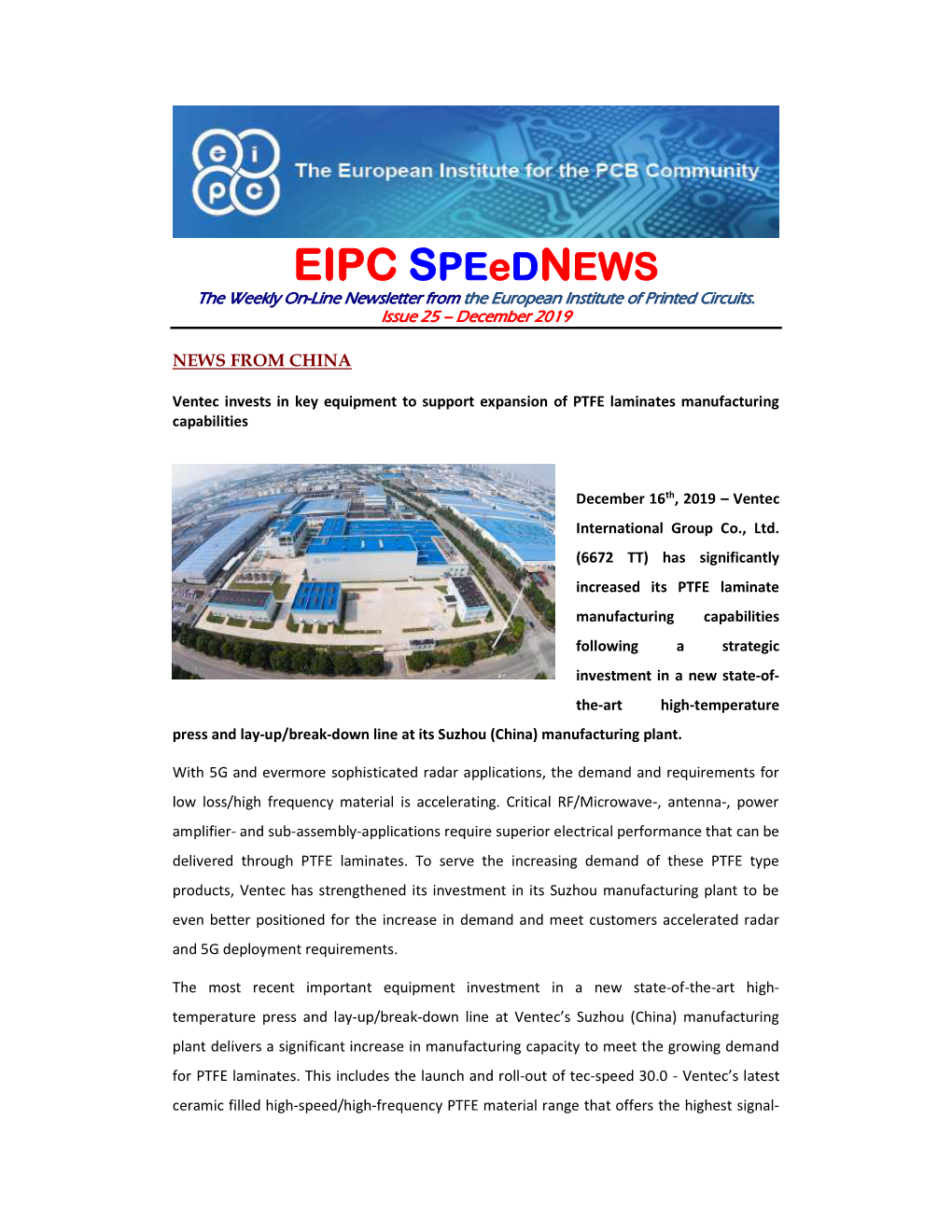 EIPC Speednews the Weekly On-Line Newsletter from the European Institute of Printed Circuits