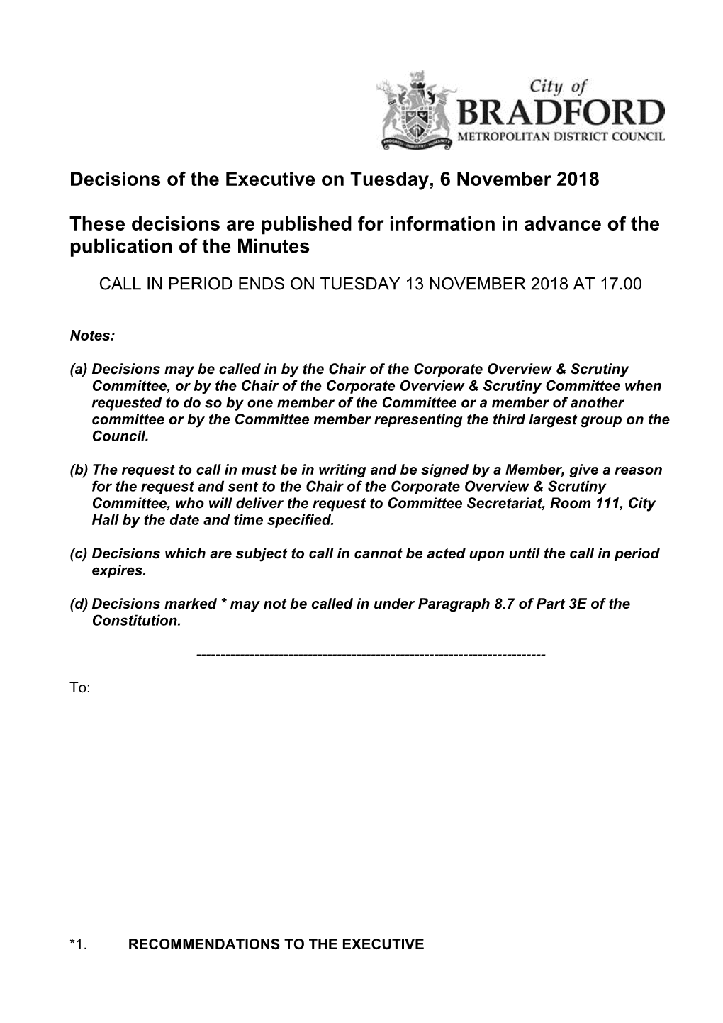 Decisions of the Executive on Tuesday, 6 November 2018 These