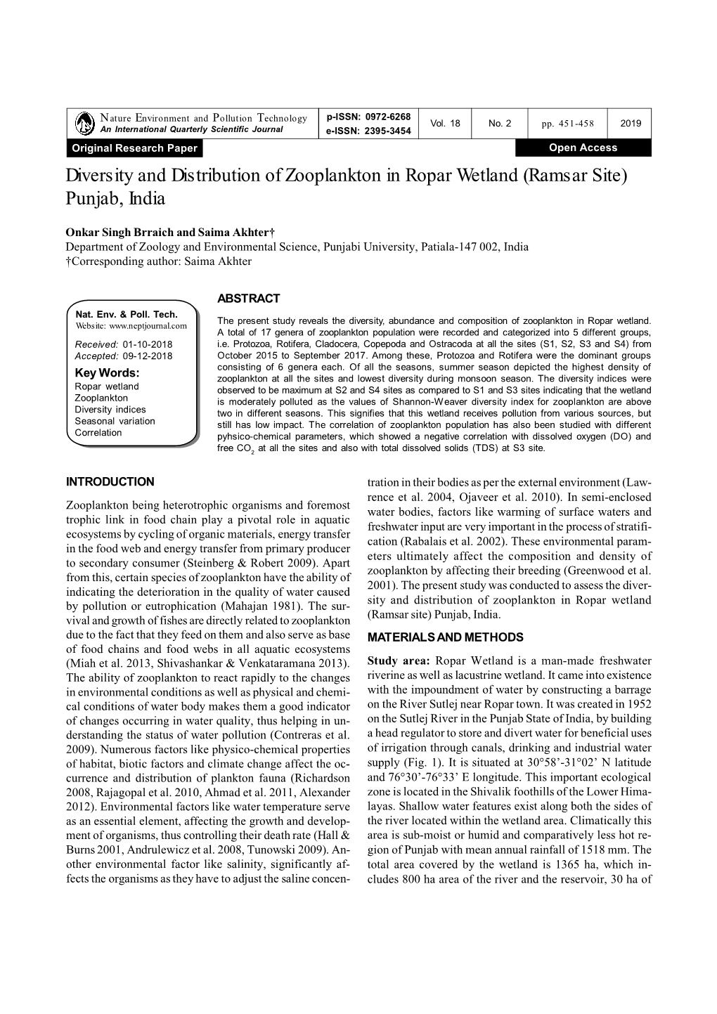 Diversity and Distribution of Zooplankton in Ropar Wetland (Ramsar Site) Punjab, India