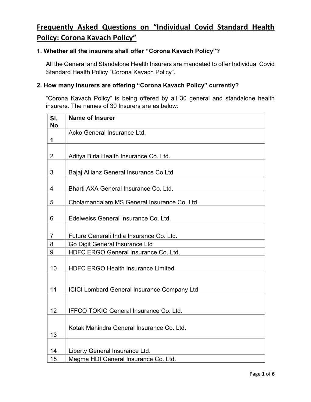 Individual Covid Standard Health Policy: Corona Kavach Policy” 1