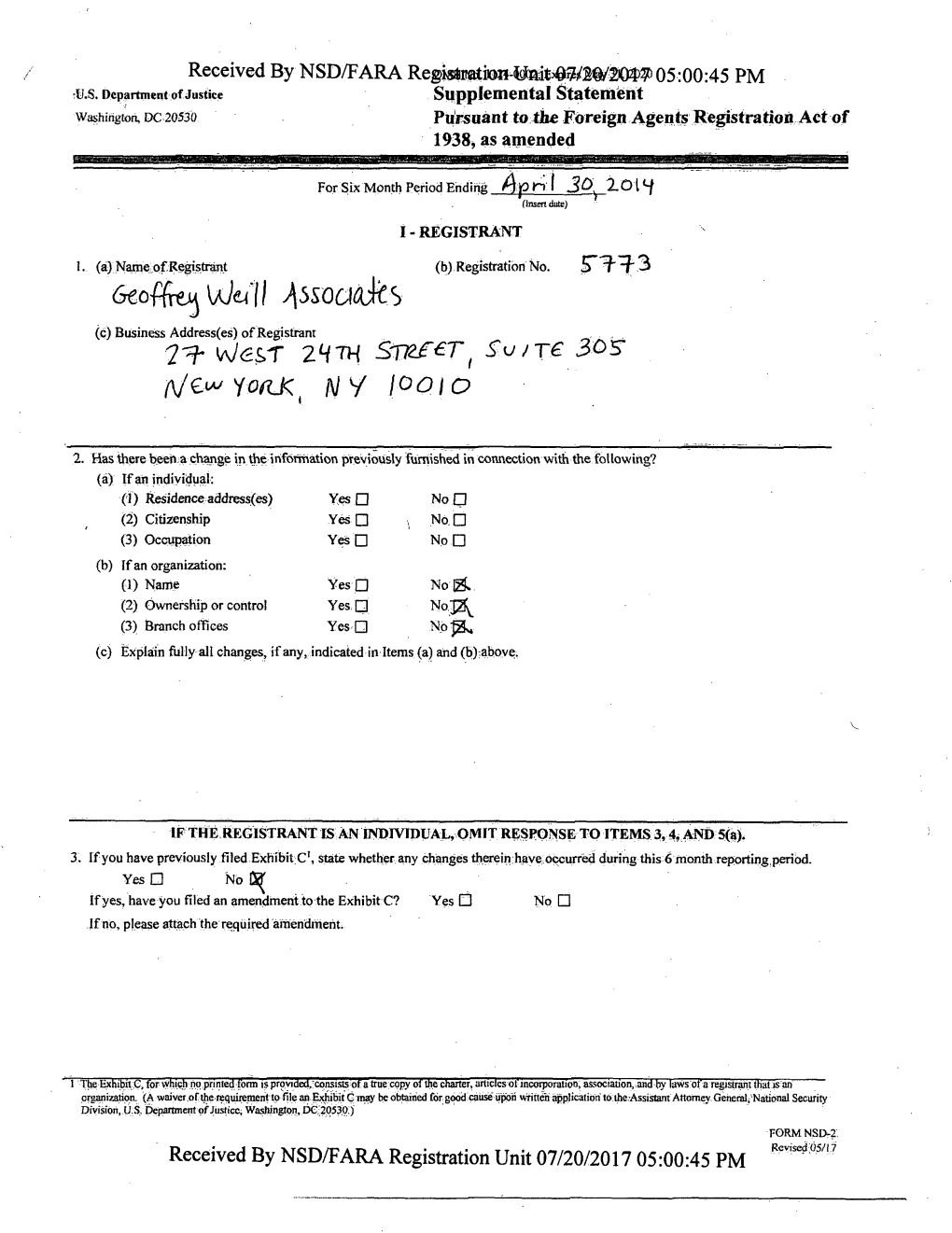 Supplemental Statement Washington, DC 20530 Pursuant to the Foreign Agents Registration Act of 1938, As Amended