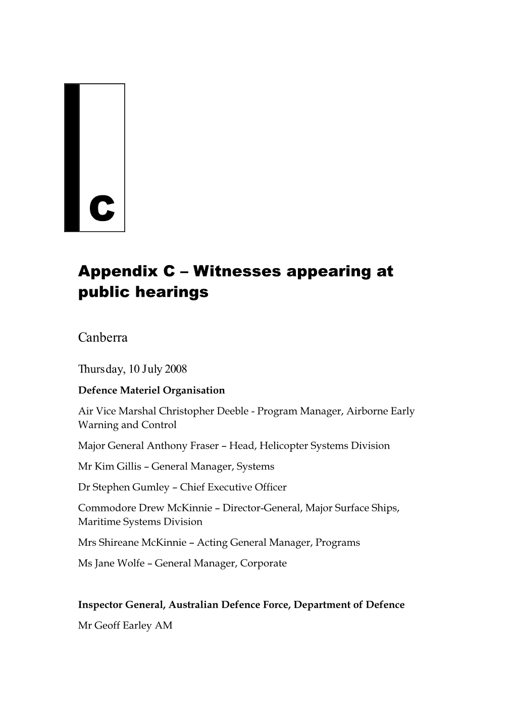 Appendix C: Witnesses Appearing at Public Hearings