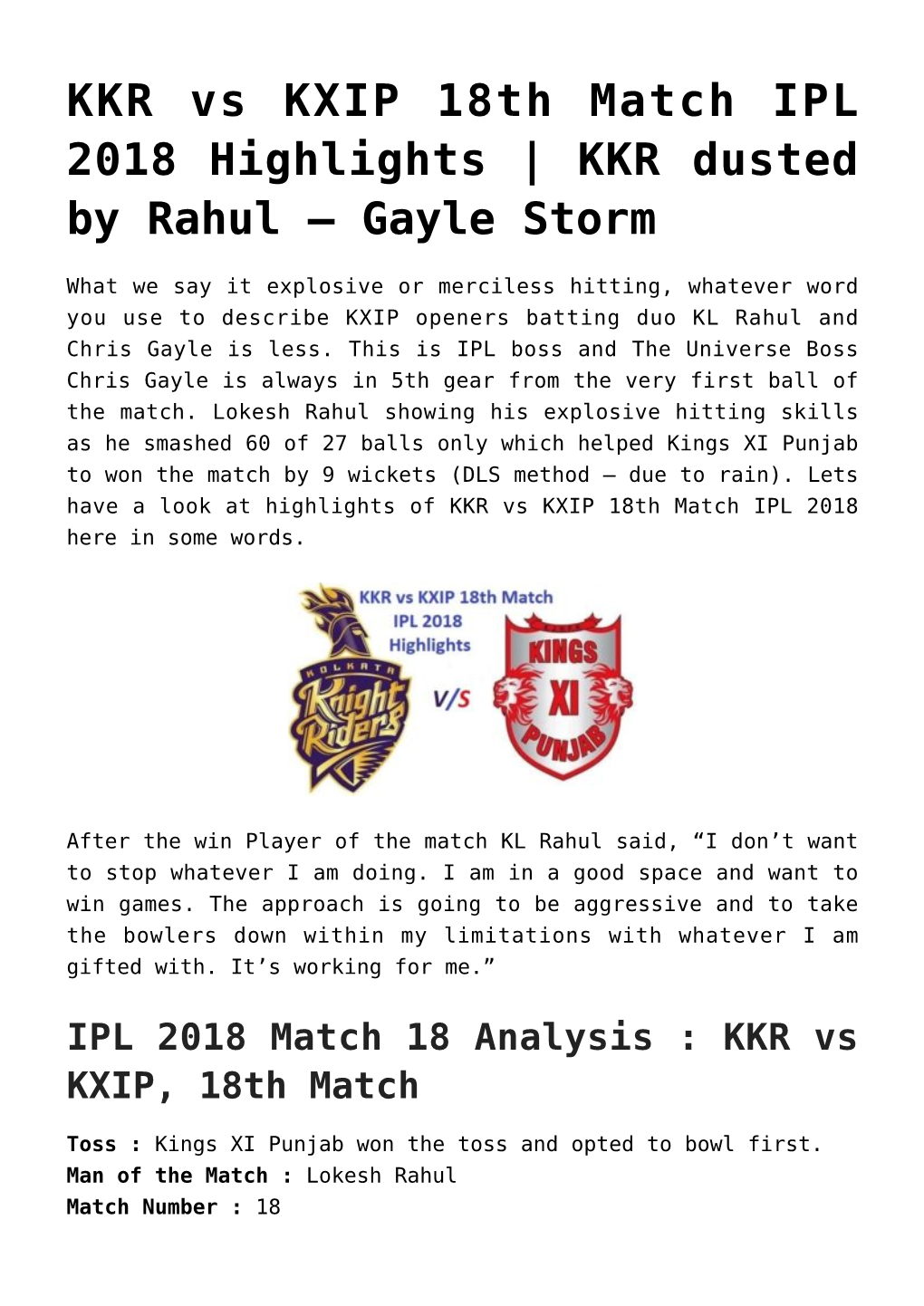 KKR Vs KXIP 18Th Match IPL 2018 Highlights | KKR Dusted by Rahul – Gayle Storm