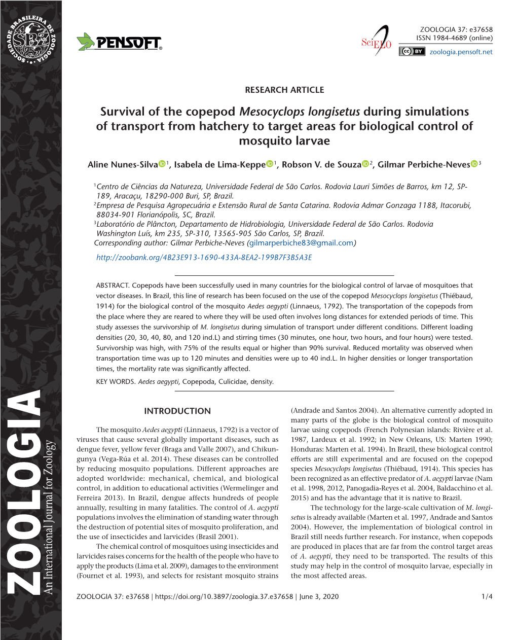 Survival of the Copepod Mesocyclops Longisetus During Simulations of Transport from Hatchery to Target Areas for Biological Control of Mosquito Larvae