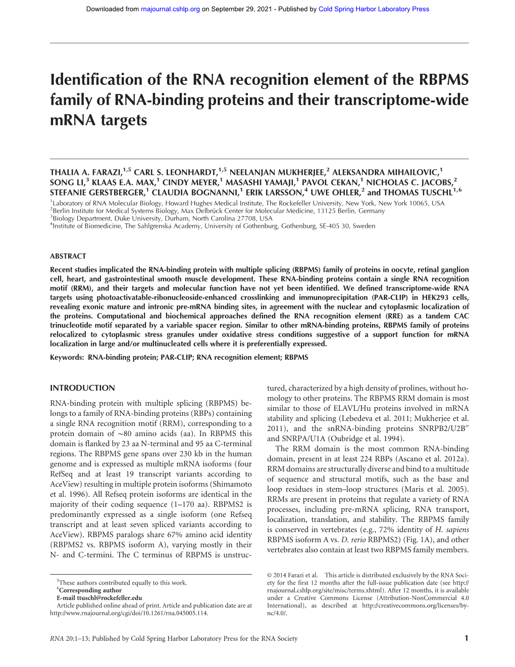 Identification of the RNA Recognition Element of the RBPMS Family of RNA-Binding Proteins and Their Transcriptome-Wide Mrna Targets
