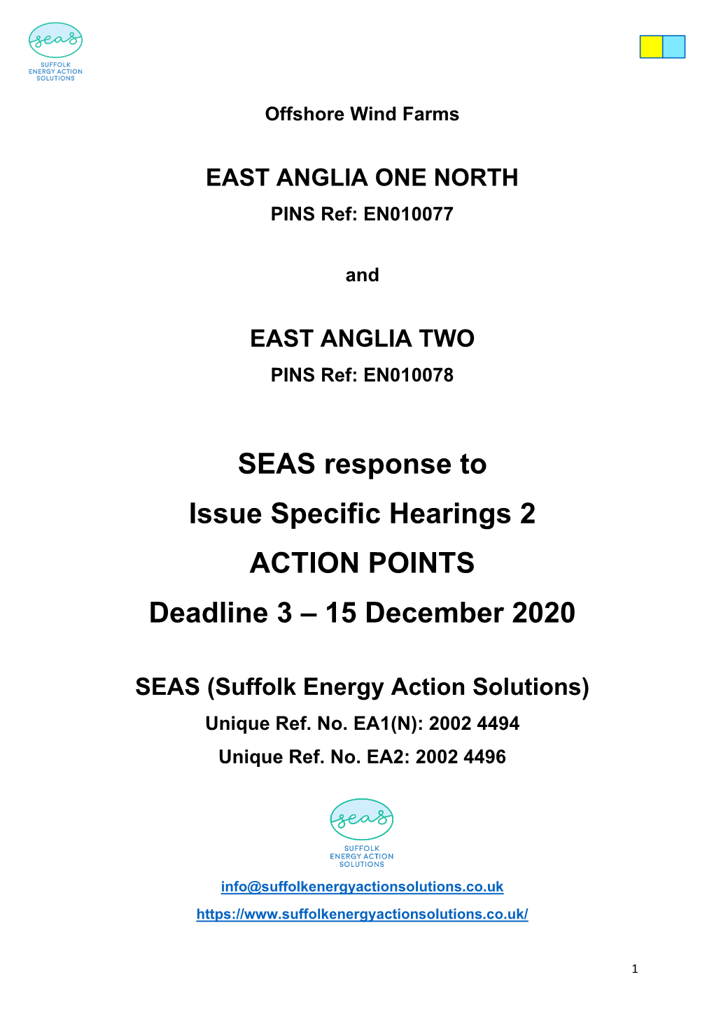 SEAS Response to Issue Specific Hearings 2 ACTION POINTS Deadline 3 – 15 December 2020