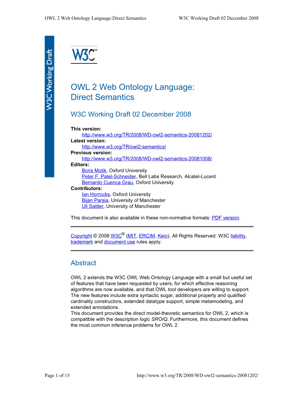 OWL 2 Web Ontology Language:Direct Semantics W3C Working Draft 02 December 2008