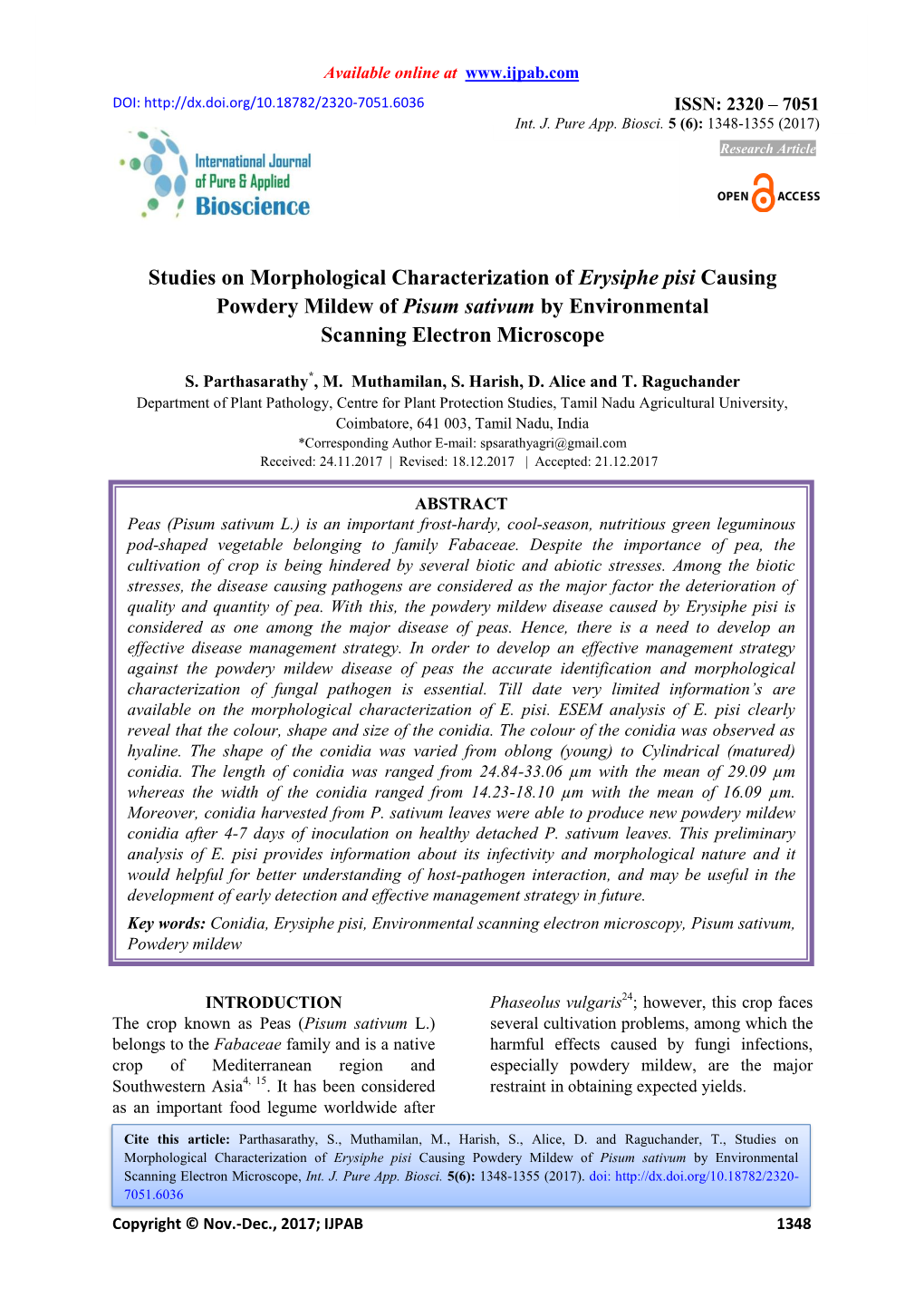 Studies on Morphological Characterization of Erysiphe Pisi Causing Powdery Mildew of Pisum Sativum by Environmental Scanning Electron Microscope