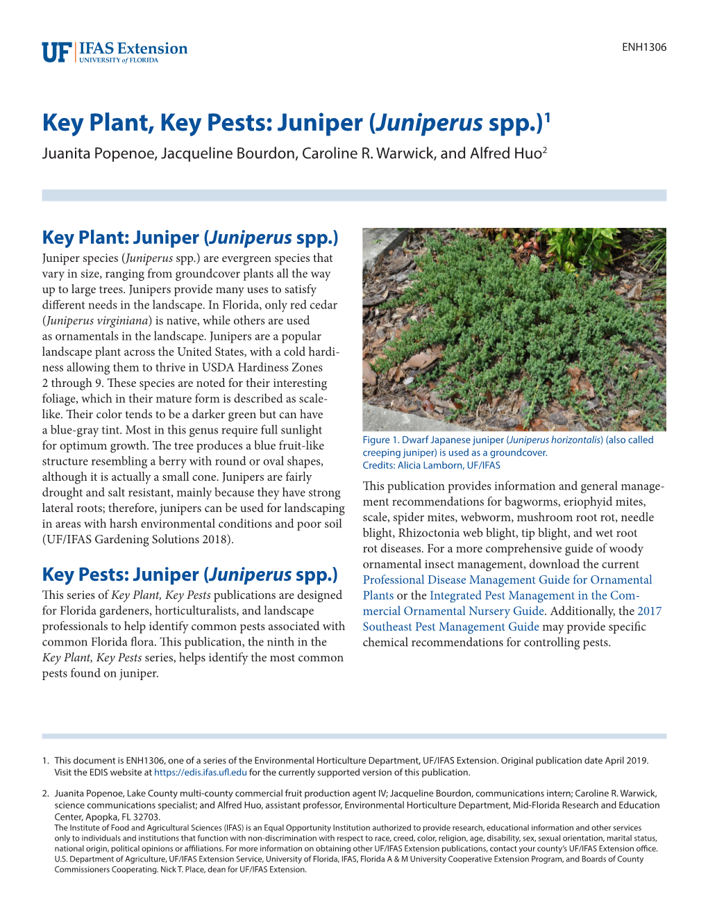 Key Plant, Key Pests: Juniper (Juniperus Spp.)1 Juanita Popenoe, Jacqueline Bourdon, Caroline R