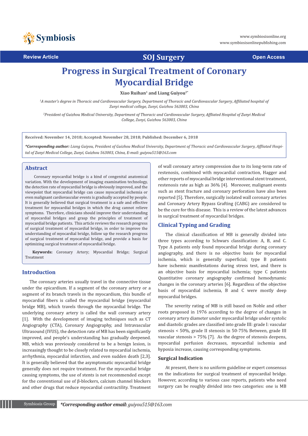 Progress in Surgical Treatment of Coronary Myocardial Bridge