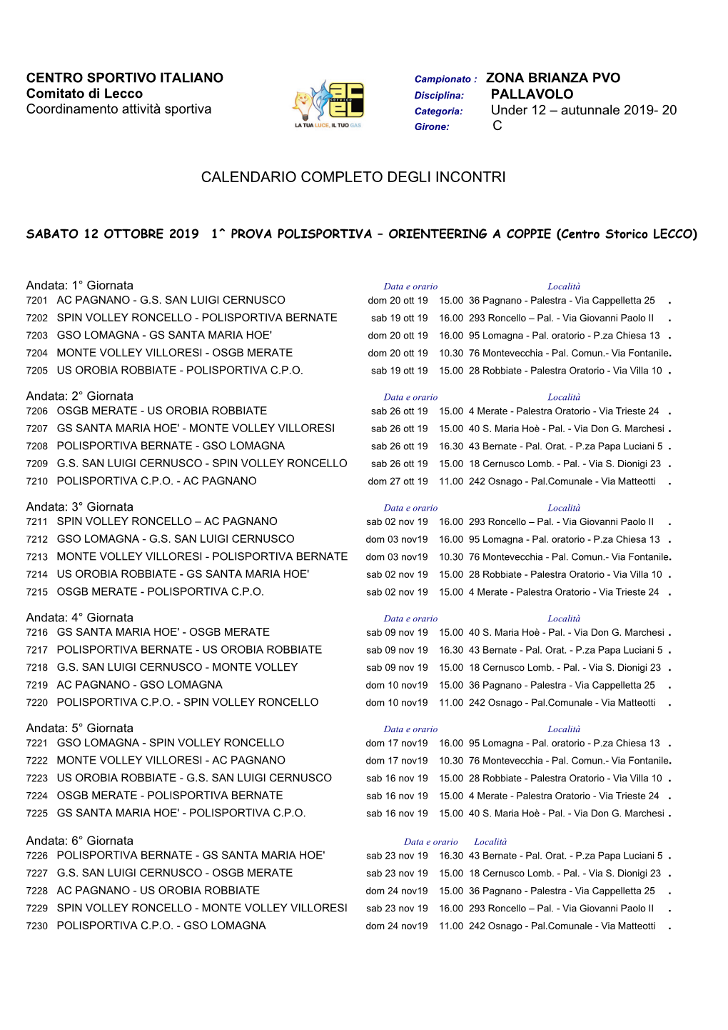 PALLAVOLO Coordinamento Attività Sportiva Categoria: Under 12 – Autunnale 2019- 20 Girone: C