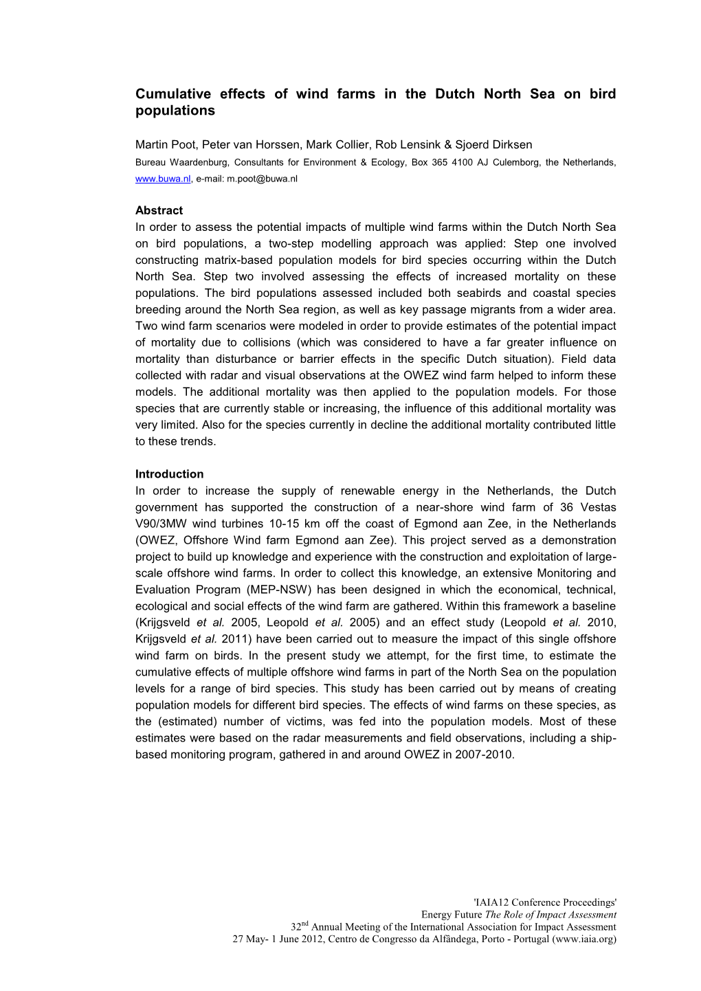 Cumulative Effects of Wind Farms in the Dutch North Sea on Bird Populations