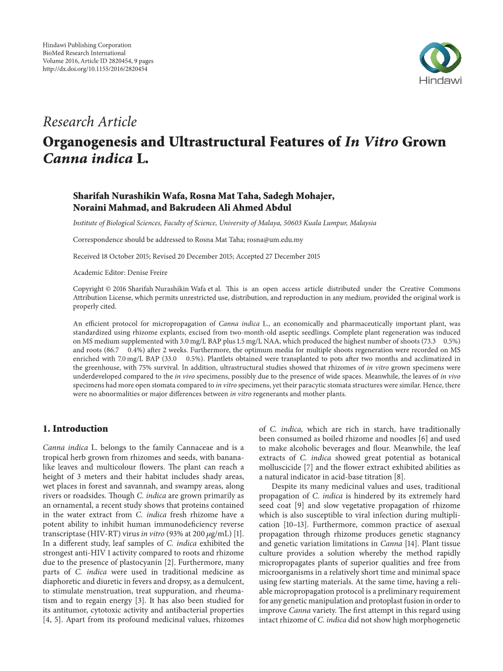 Organogenesis and Ultrastructural Features of in Vitro Grown Canna Indica L