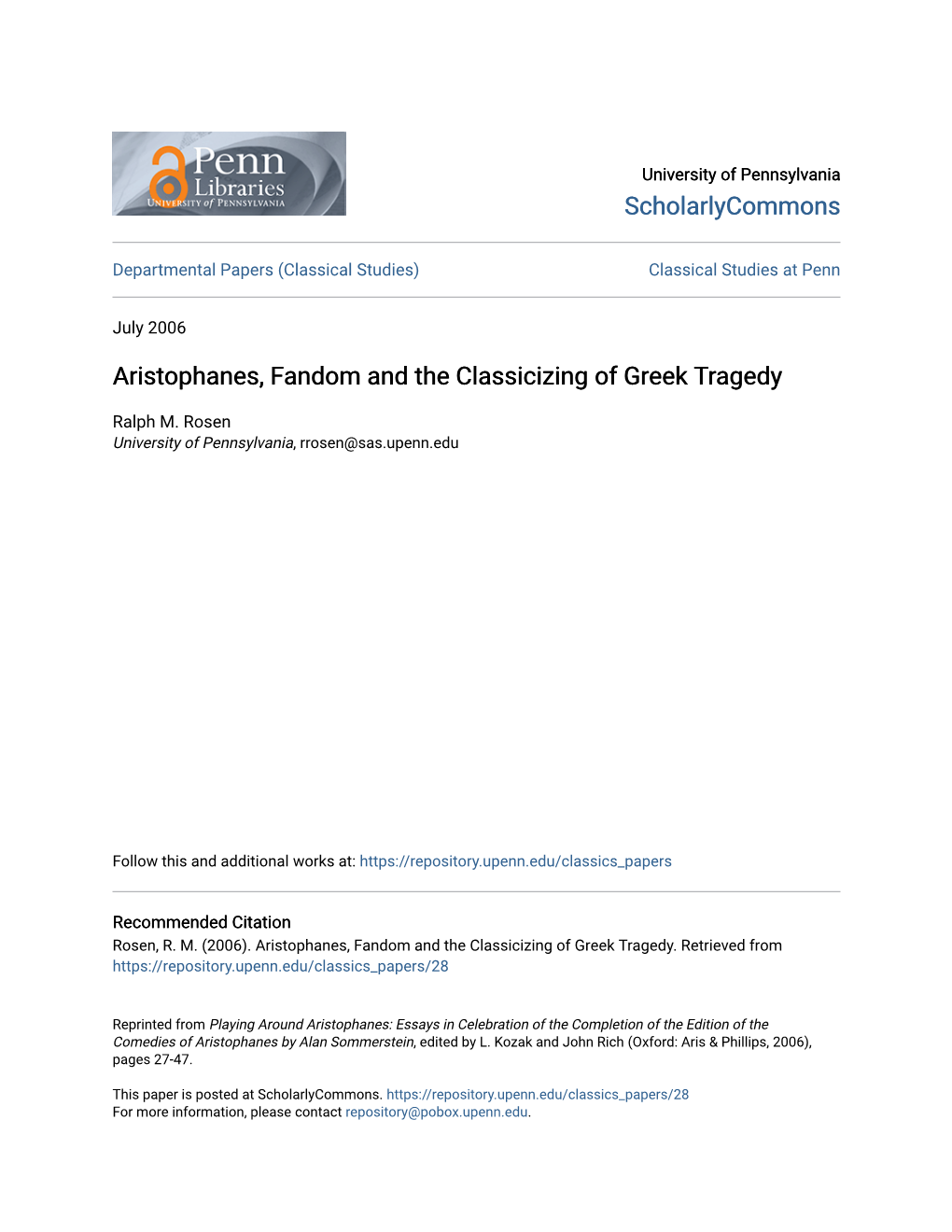 Aristophanes, Fandom and the Classicizing of Greek Tragedy