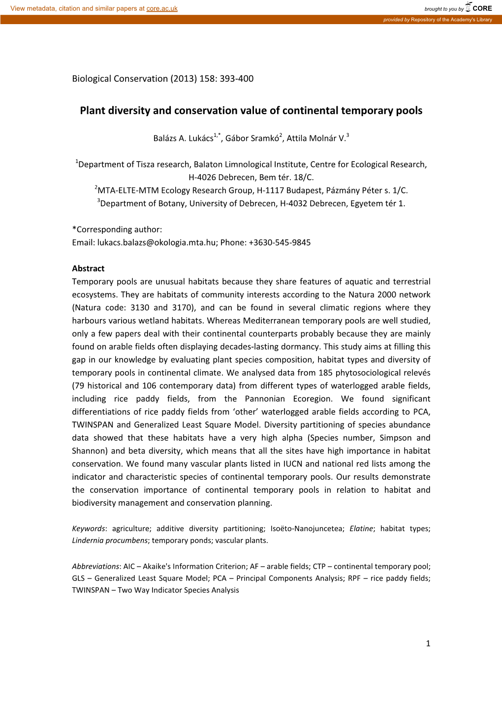 The Conservation Value of Continental Temporary Pools