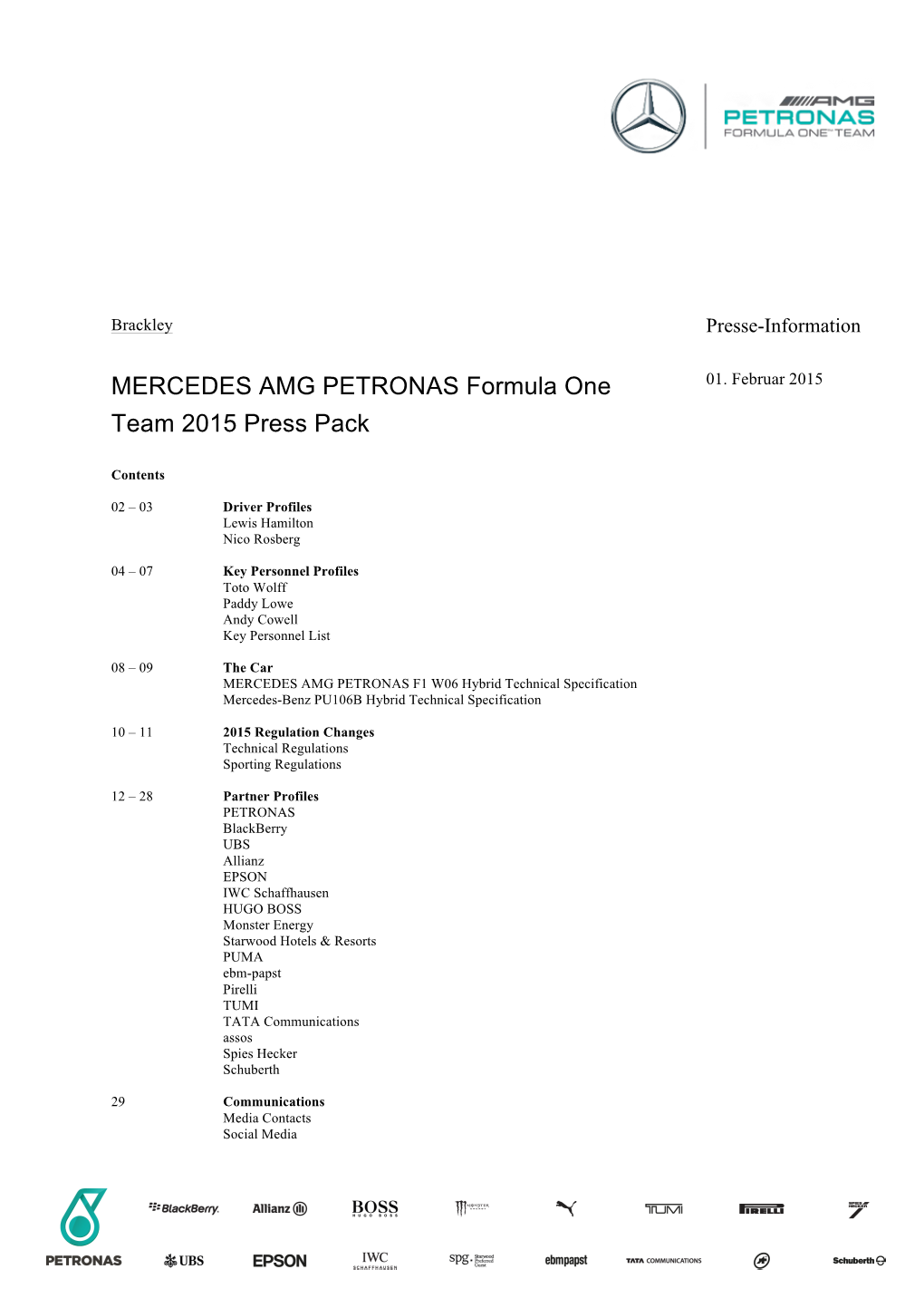 MERCEDES AMG PETRONAS Formula One Team 2015 Press Pack