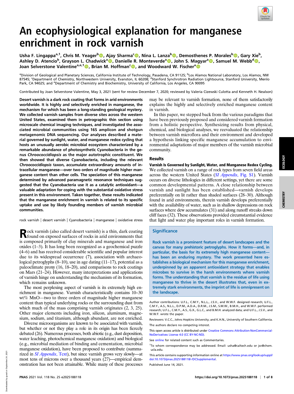 An Ecophysiological Explanation for Manganese Enrichment in Rock Varnish