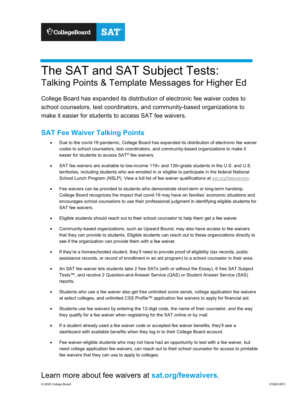 The SAT and SAT Subject Tests: Talking Points & Template
