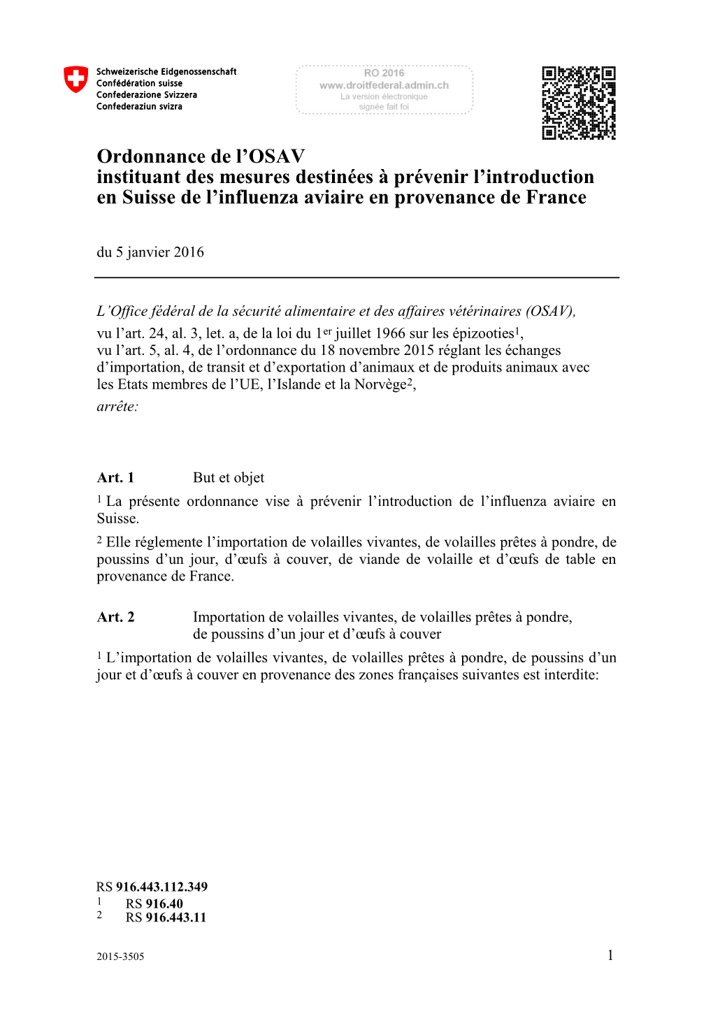 Ordonnance De L'osav Instituant Des Mesures Destinées À Prévenir L