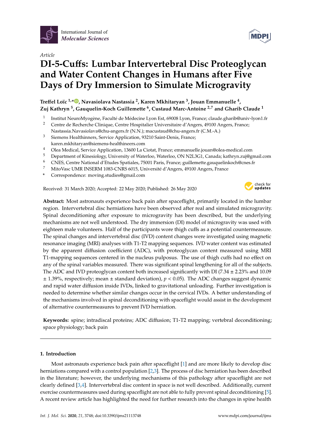 Lumbar Intervertebral Disc Proteoglycan and Water Content Changes in Humans After Five Days of Dry Immersion to Simulate Microgravity