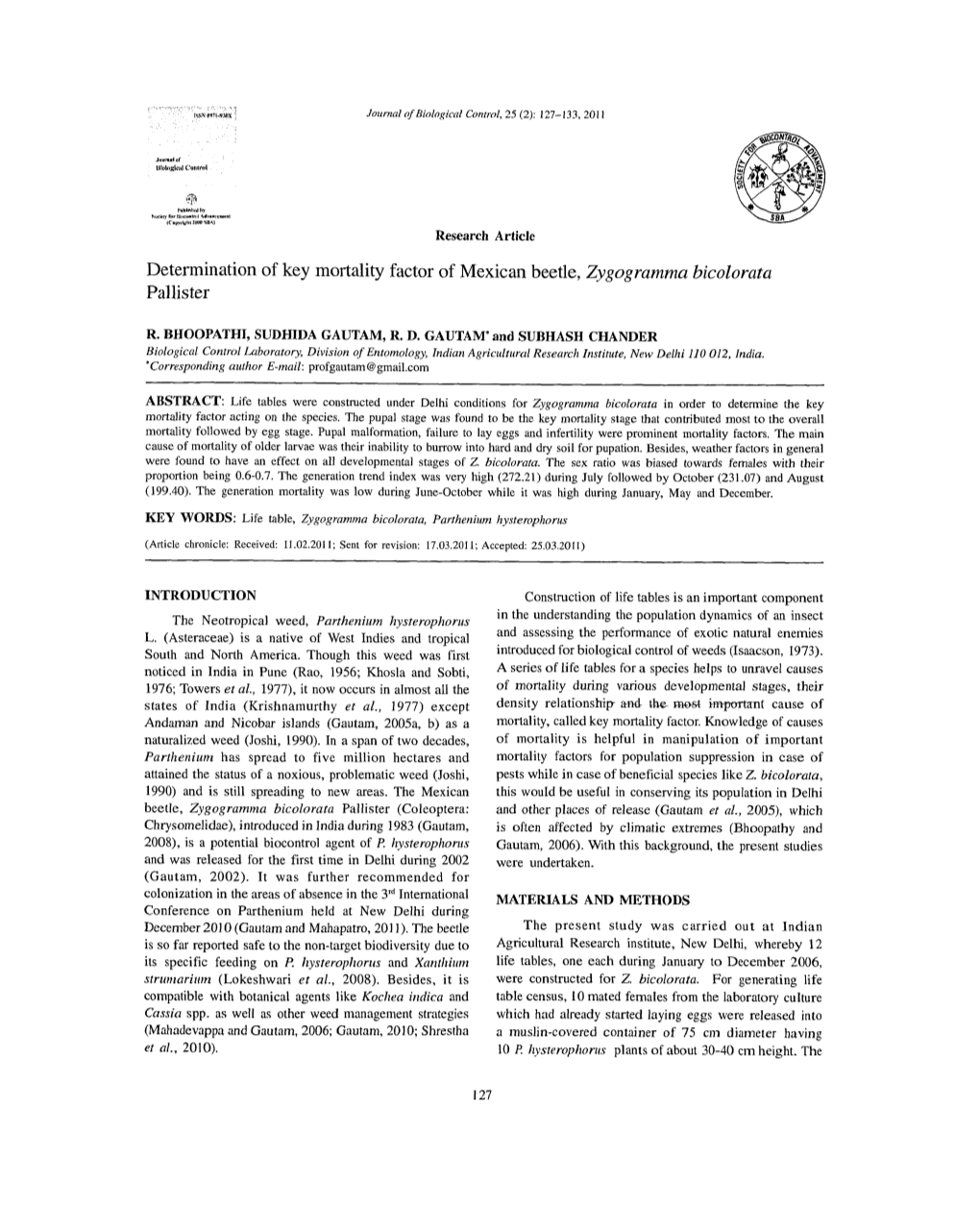 Determination of Key Mortality Factor of Mexican Beetle, Zygogramma Bicolorata Pallister