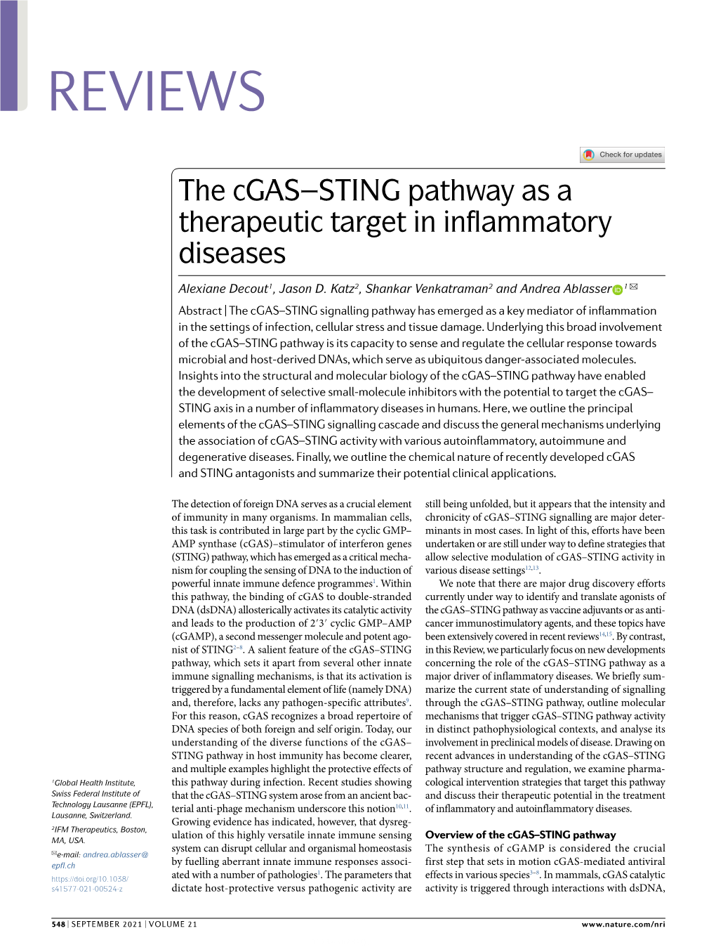 The Cgas–STING Pathway As a Therapeutic Target in Inflammatory Diseases