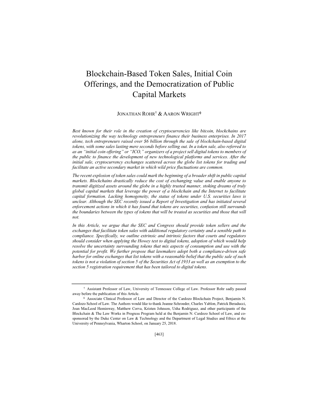 Blockchain-Based Token Sales, Initial Coin Offerings, and the Democratization of Public Capital Markets