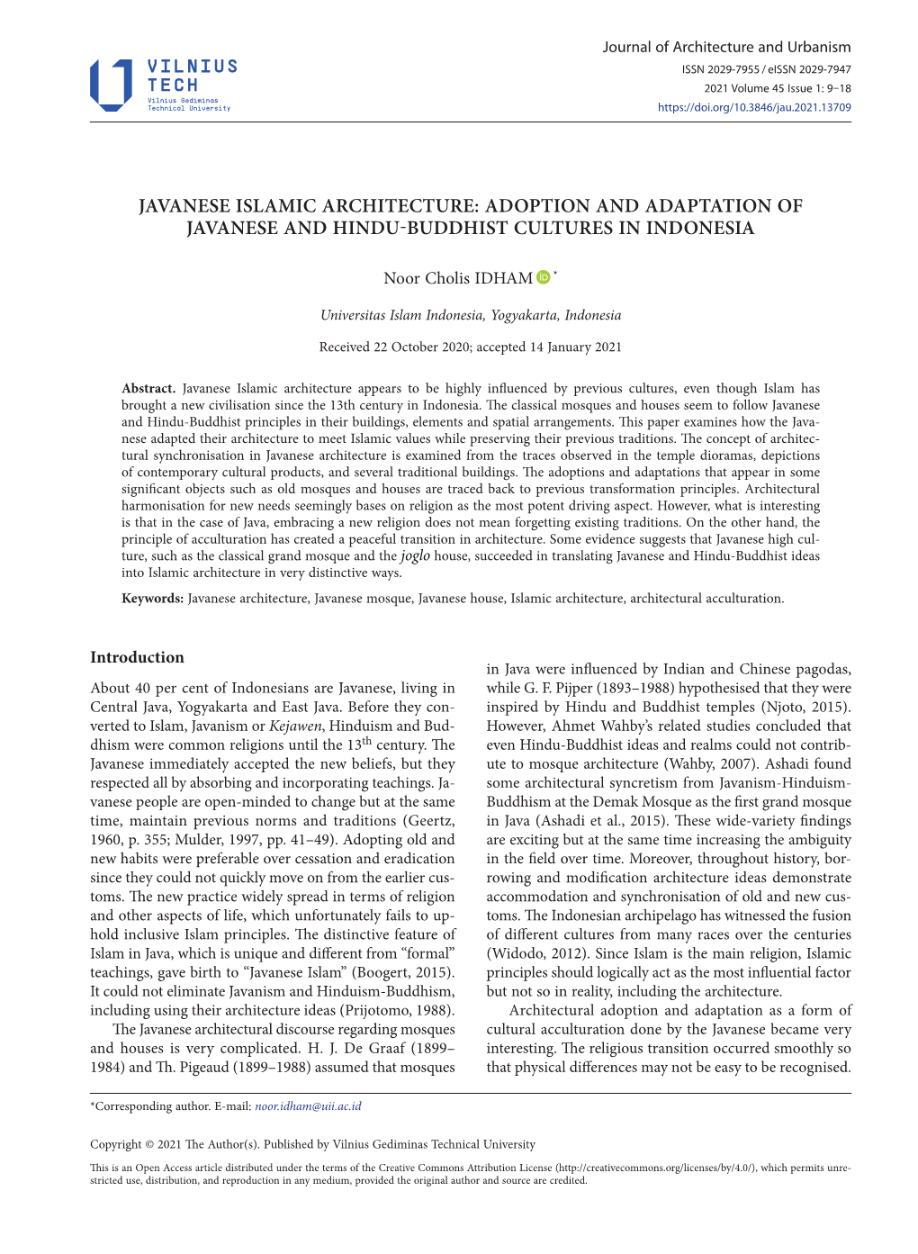 Javanese Islamic Architecture: Adoption and Adaptation of Javanese and Hindu-Buddhist Cultures in Indonesia