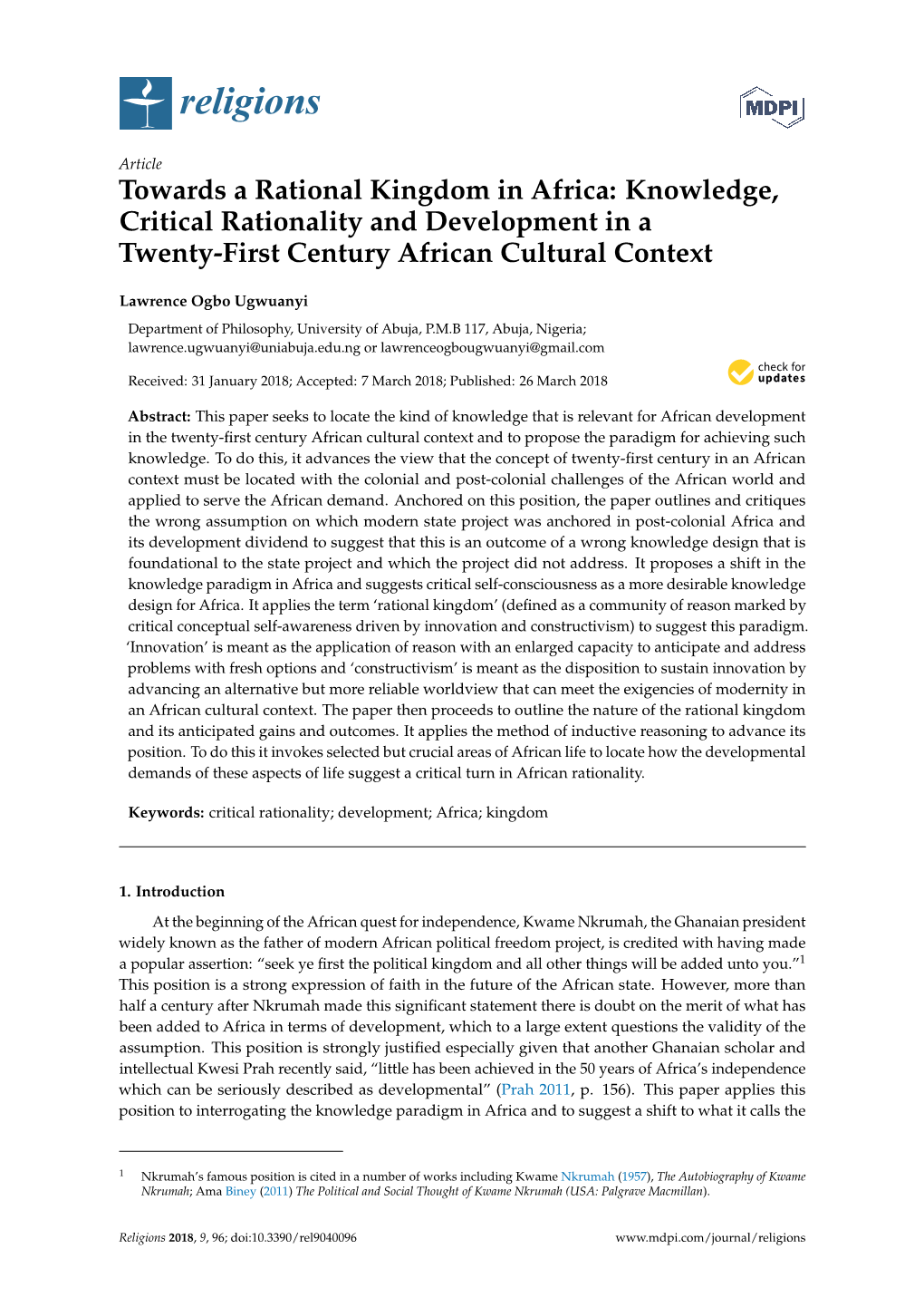 Towards a Rational Kingdom in Africa: Knowledge, Critical Rationality and Development in a Twenty-First Century African Cultural Context