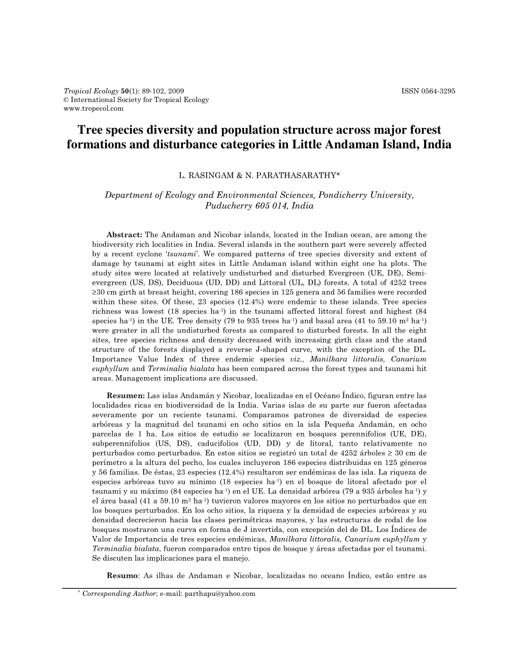 Tree Species Diversity and Population Structure Across Major Forest Formations and Disturbance Categories in Little Andaman Island, India