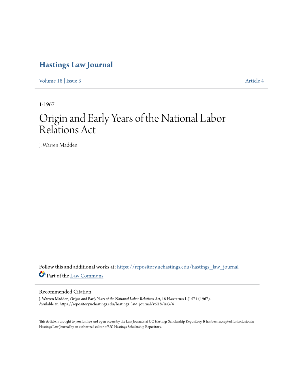 Origin and Early Years of the National Labor Relations Act J