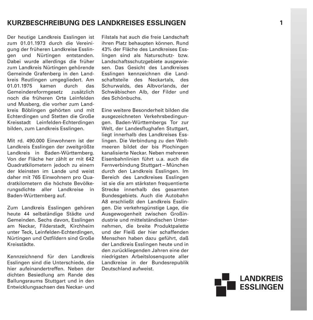 Landkreis Esslingen Ist Filstals Hat Auch Die Freie Landschaft Zum 01.01.1973 Durch Die Vereini- Ihren Platz Behaupten Können