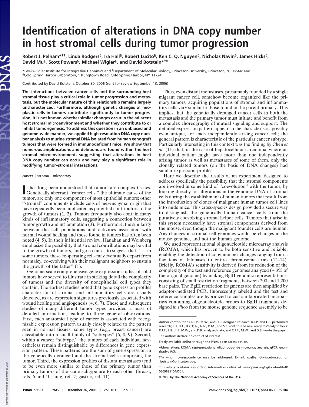 Identification of Alterations in DNA Copy Number in Host Stromal Cells During Tumor Progression