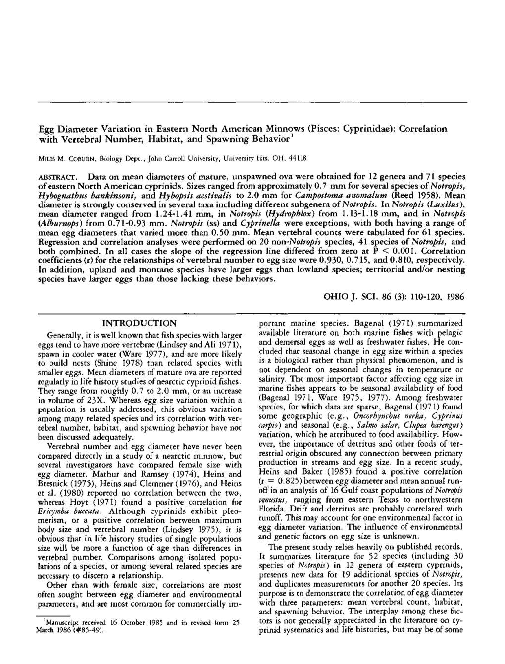 Egg Diameter Variation in Eastern North American Minnows (Pisces: Cyprinidae): Correlation with Vertebral Number, Habitat, and Spawning Behavior1