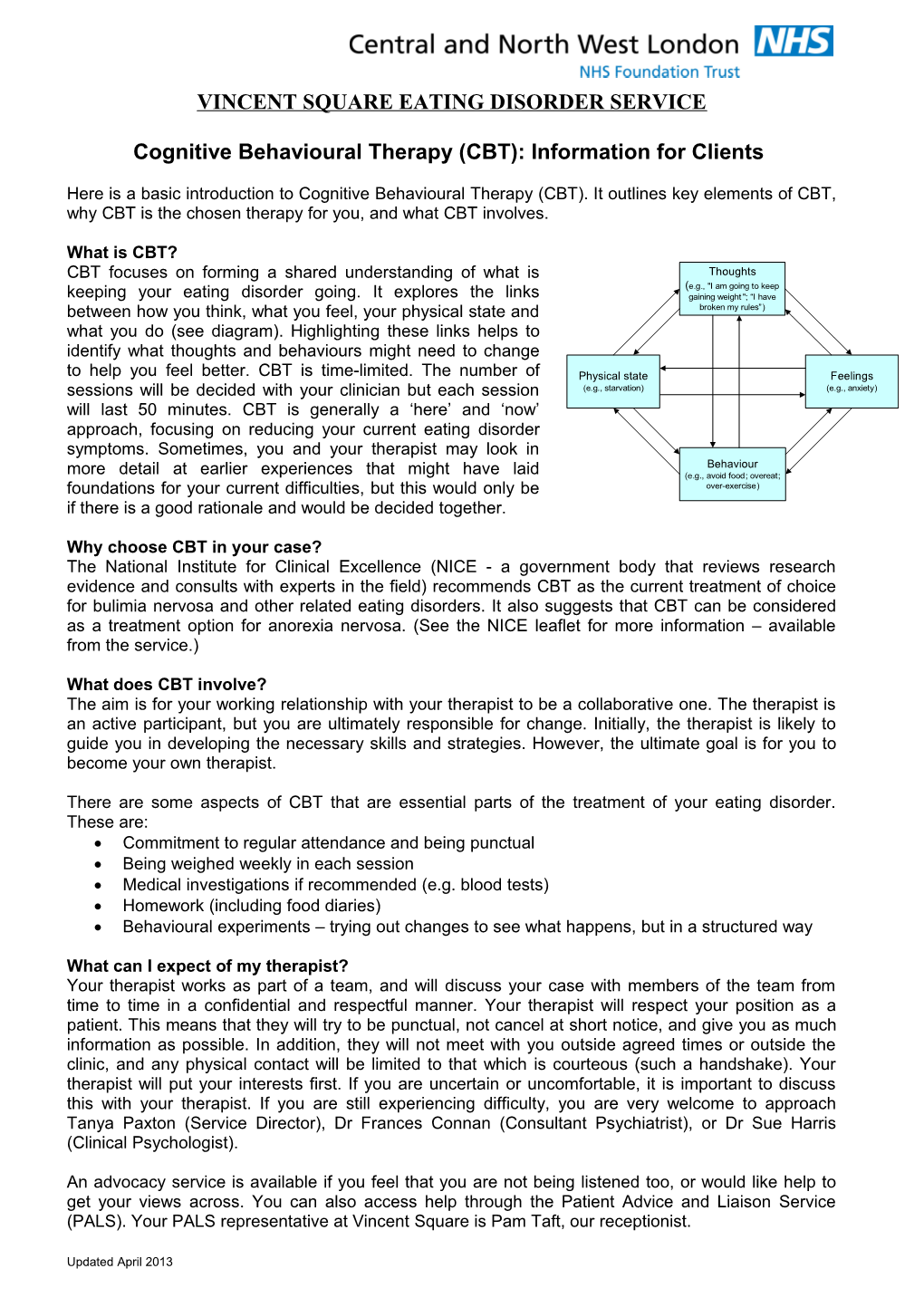 Cognitive Behavioural Therapy: Information for Clients