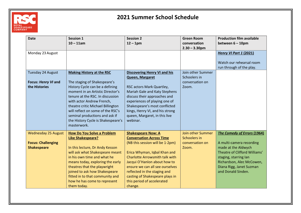 2021 Summer School Schedule