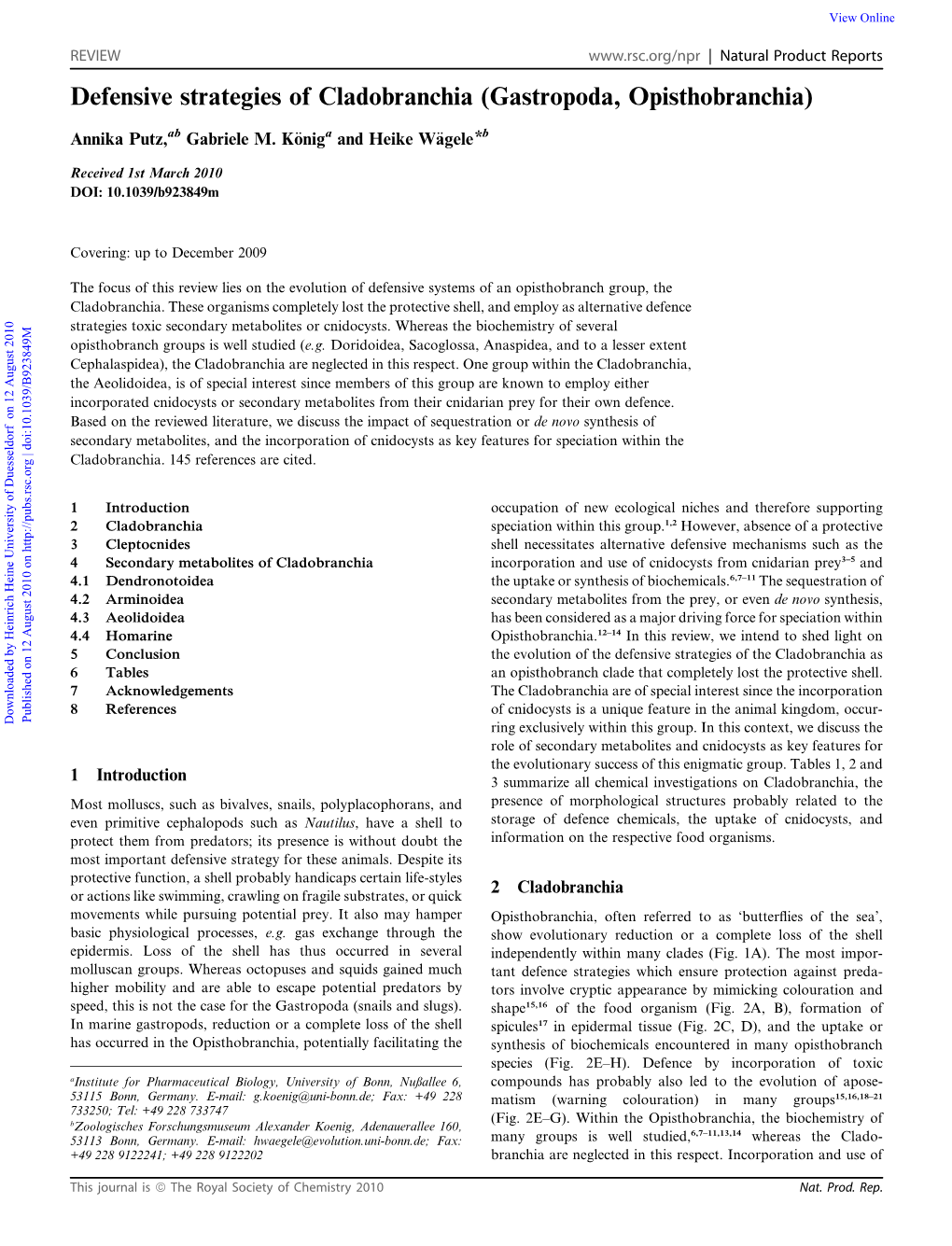 Defensive Strategies of Cladobranchia (Gastropoda, Opisthobranchia)