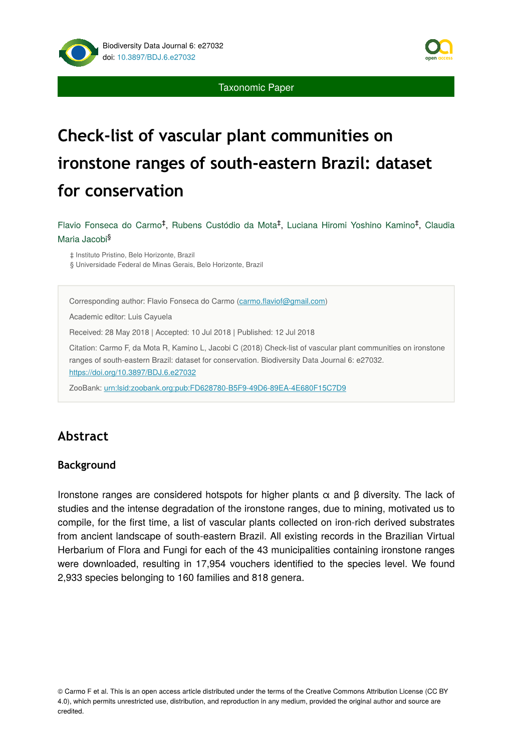 Check-List of Vascular Plant Communities on Ironstone Ranges of South-Eastern Brazil: Dataset for Conservation