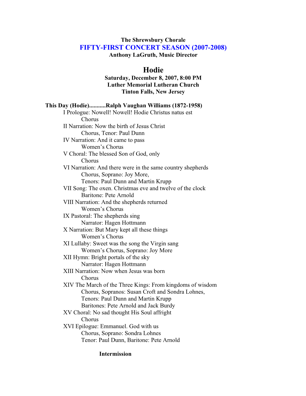 Shrewsbury Chorale's Performance Record 2007-2017