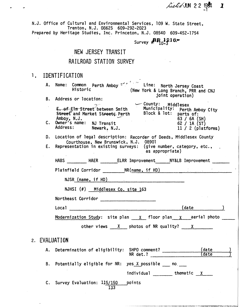 NEW JERSEY TRANSIT RAILROAD STATION SURVEY I, IDENTIFICATION A