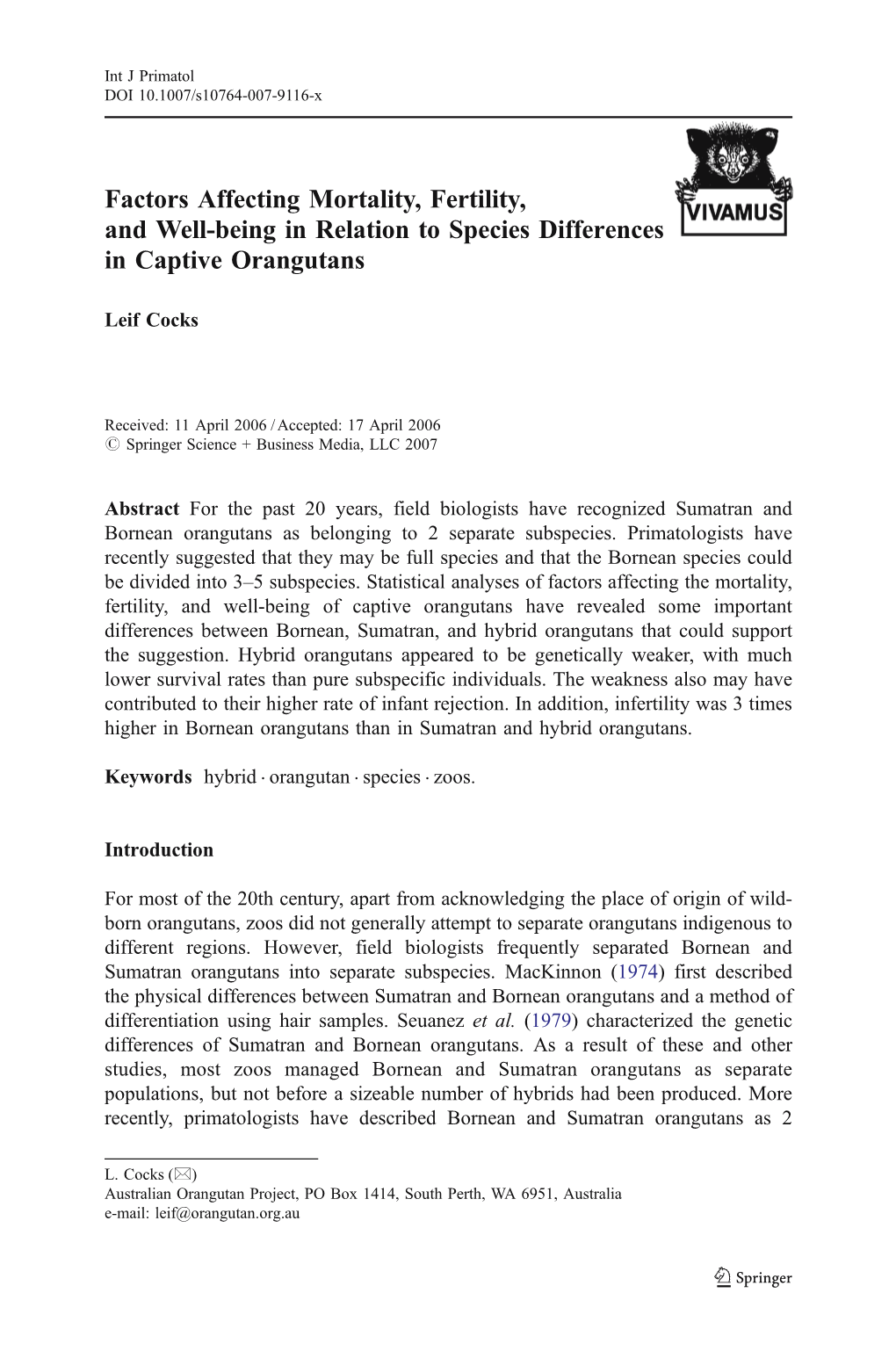 Factors Affecting Mortality, Fertility, and Well-Being in Relation to Species Differences in Captive Orangutans