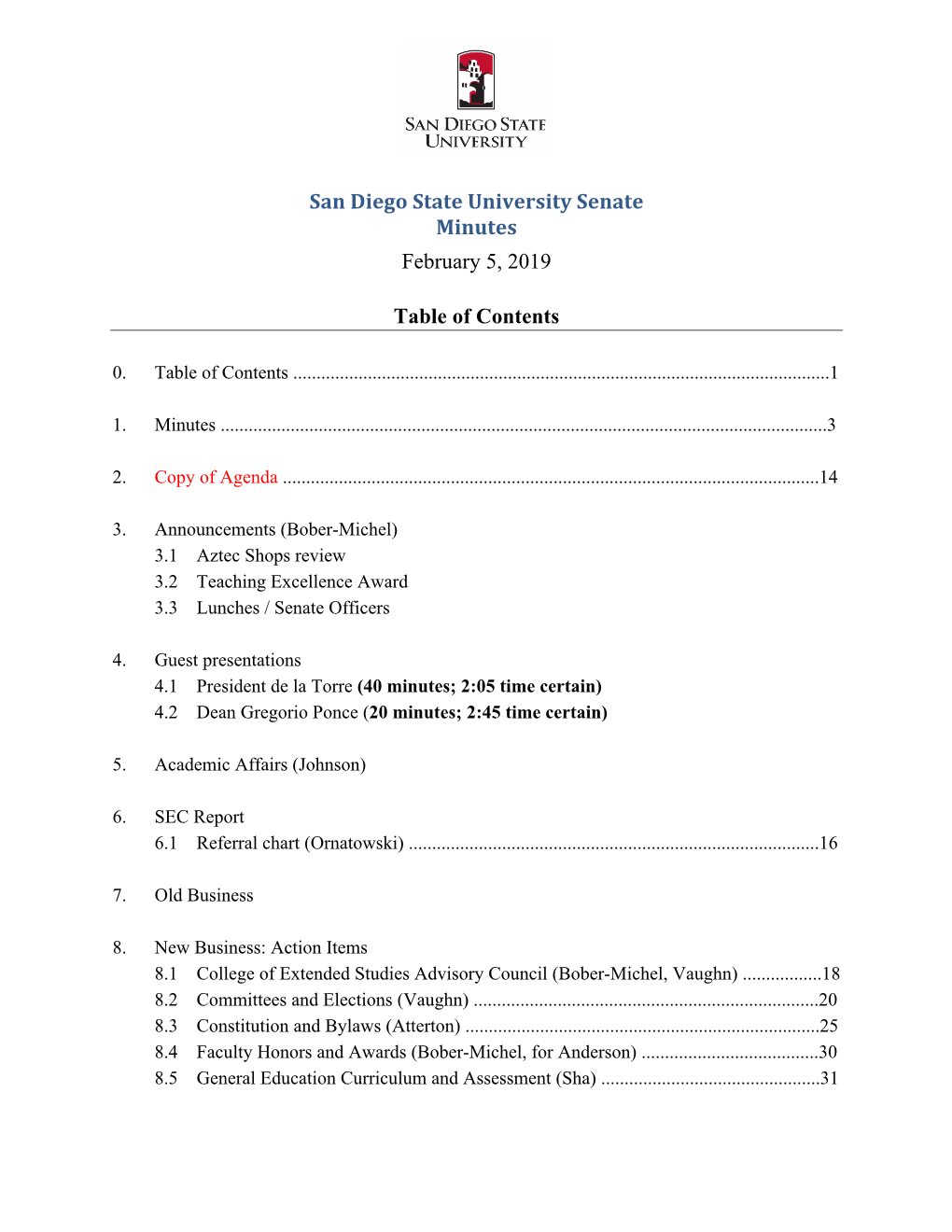 San Diego State University Senate Minutes February 5, 2019 Table Of