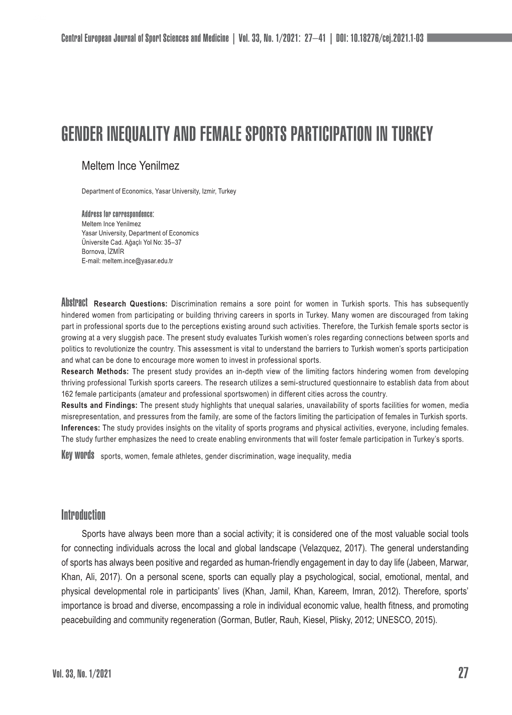 Gender Inequality and Female Sports Participation in Turkey