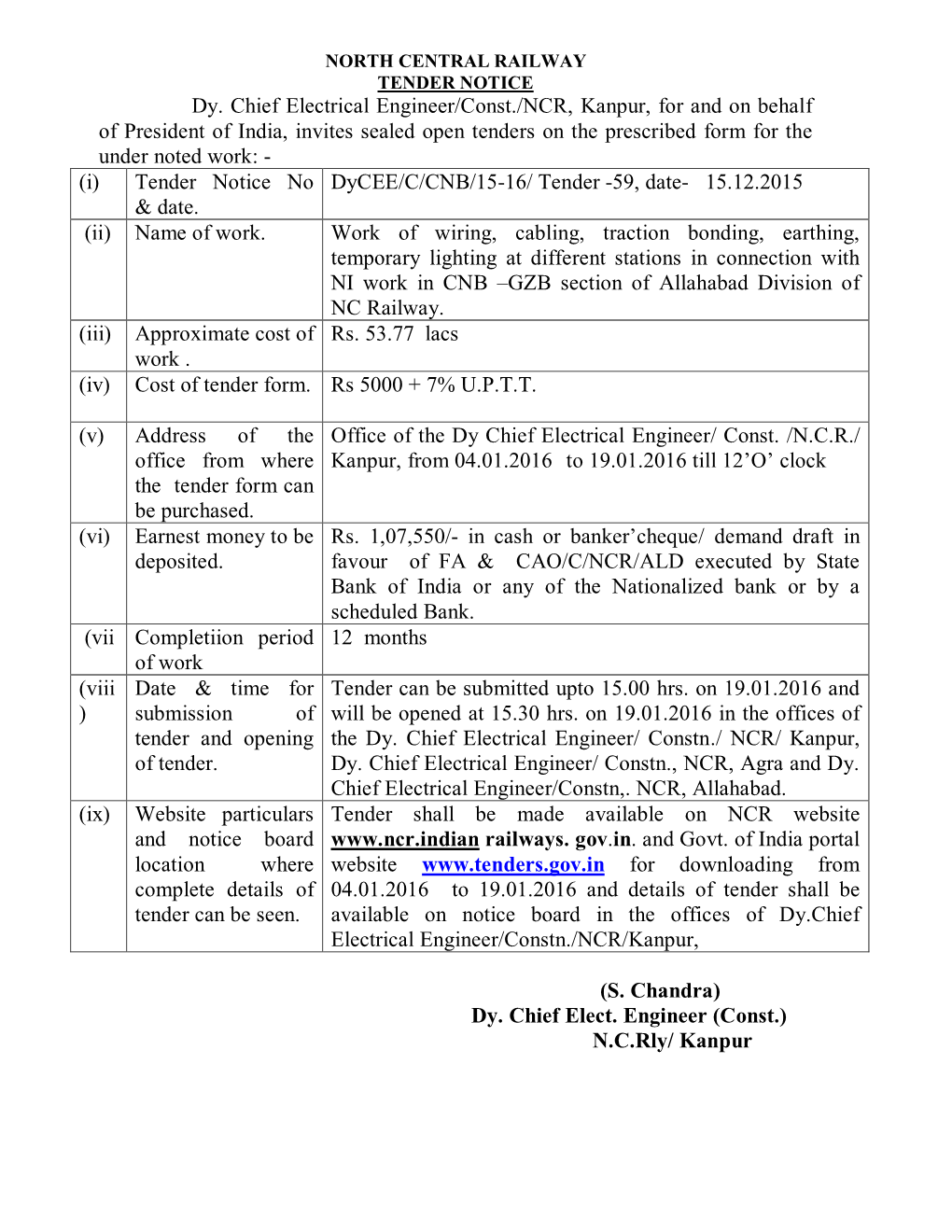 Dy. Chief Electrical Engineer/Const./NCR, Kanpur, For