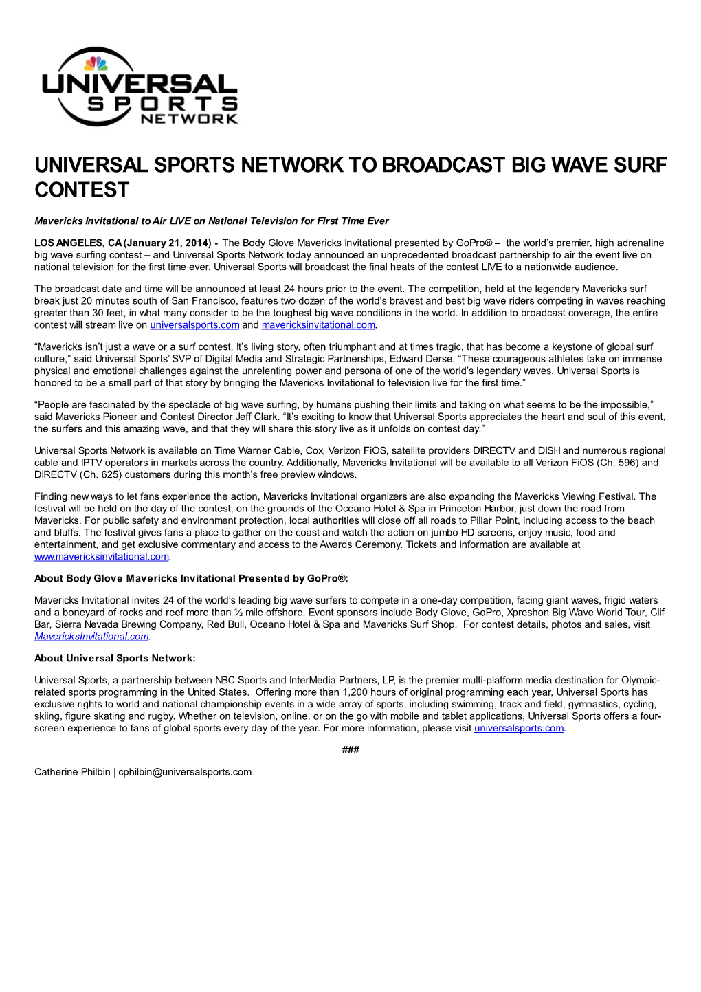 Universal Sports Network to Broadcast Big Wave Surf Contest