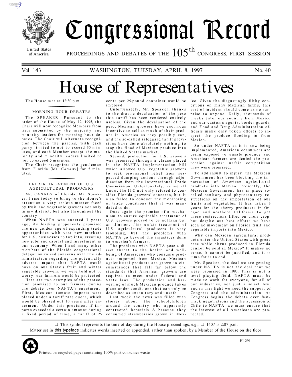 Congressional Record United States Th of America PROCEEDINGS and DEBATES of the 105 CONGRESS, FIRST SESSION