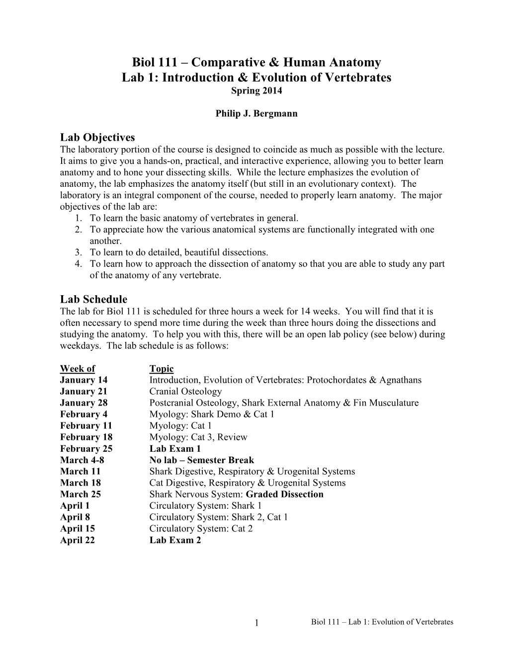 Biol 111 – Comparative & Human Anatomy Lab 1: Introduction