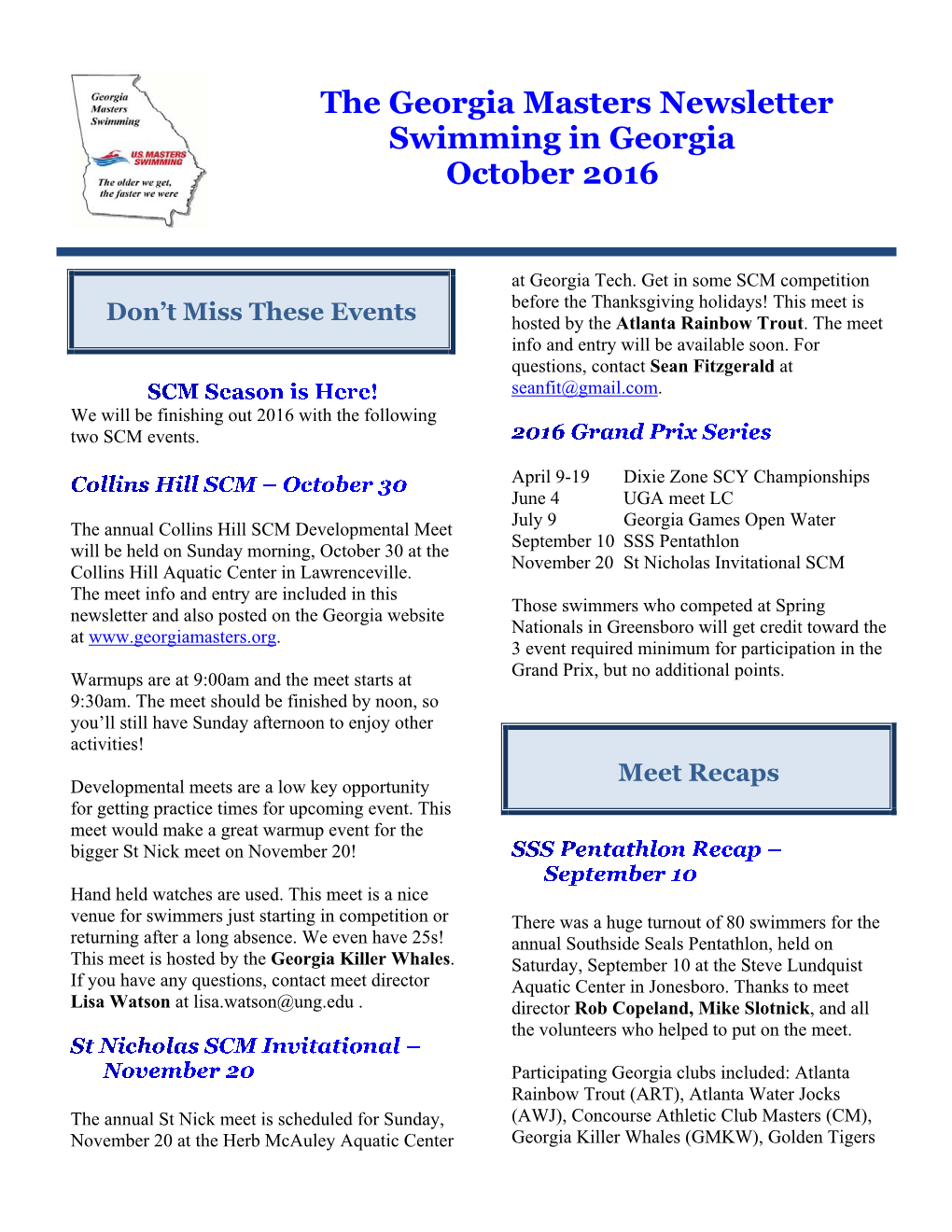 The Georgia Masters Newsletter Swimming in Georgia October 2016