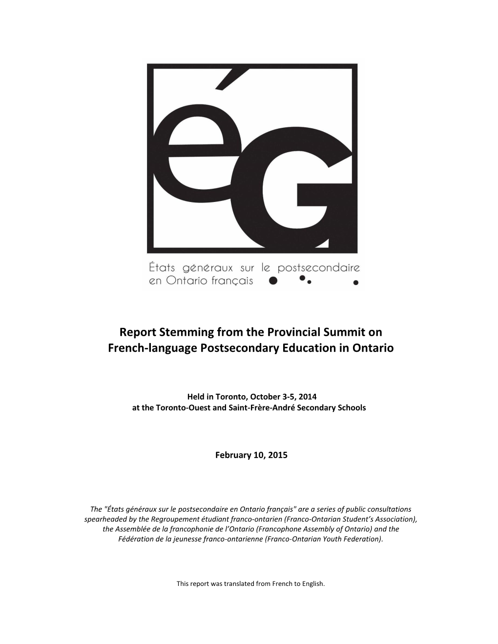 Report Stemming from the Provincial Summit on French-Language Postsecondary Education in Ontario